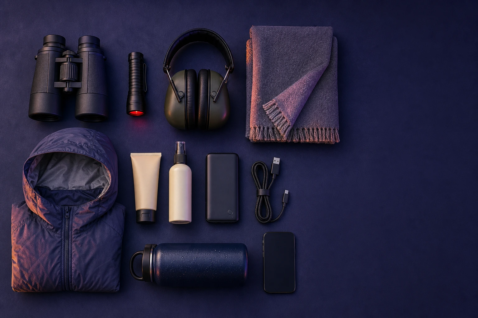 Binoculars, flashlight, hearing protection, warm layers, phone and other launch-viewing supplies